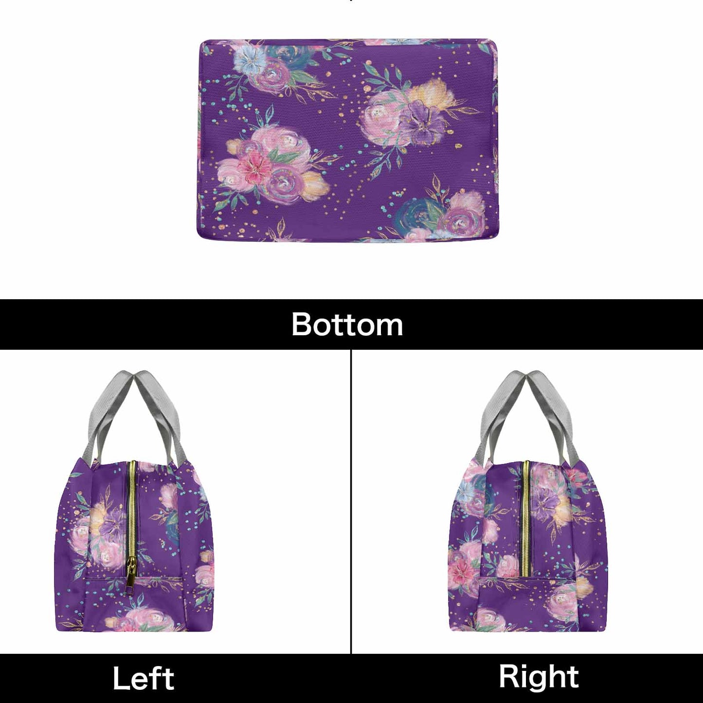 Purple Floral  Portable Lunch Bag-Grey Handle