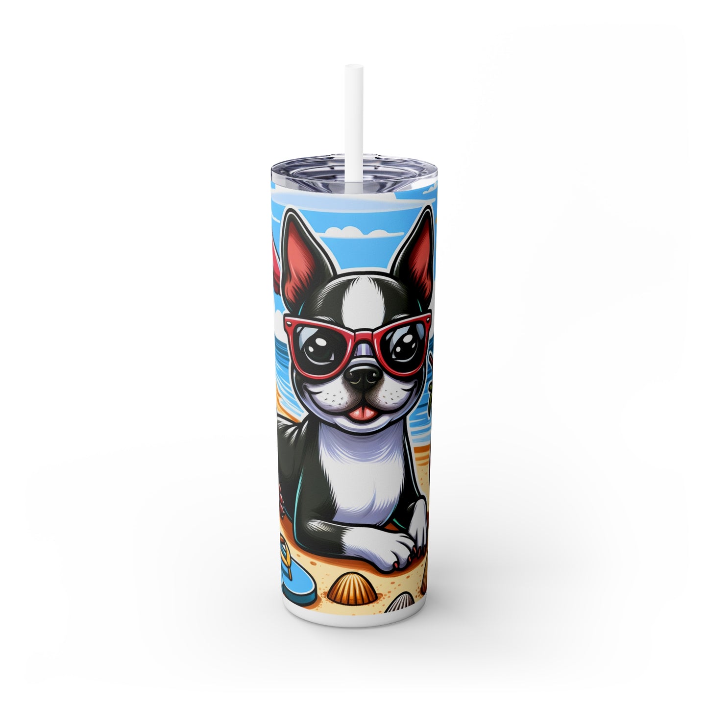 Skinny Tumbler with Straw, 20oz, Dog on Beach, BostonTerrier, awd-1103