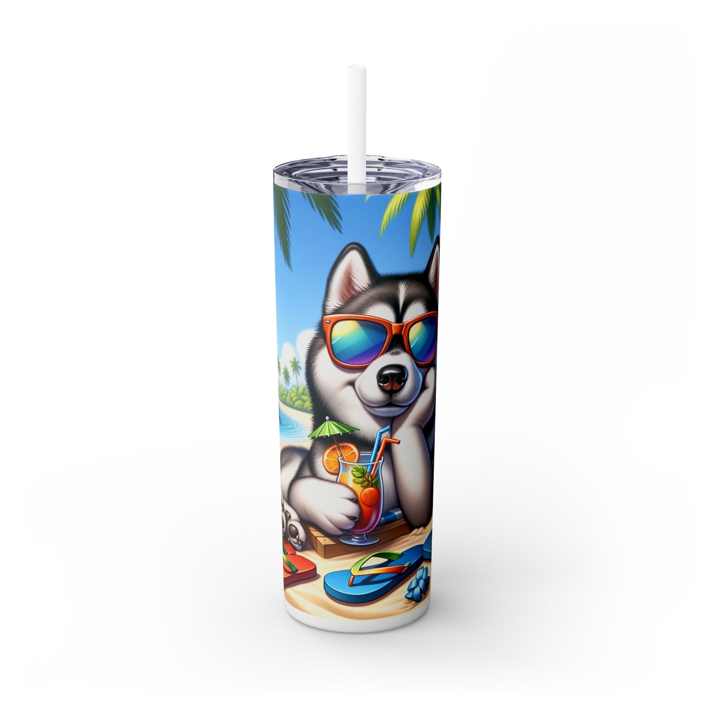 Skinny Tumbler with Straw, 20oz, Dog on Beach, Siberian Husky, awd-1244