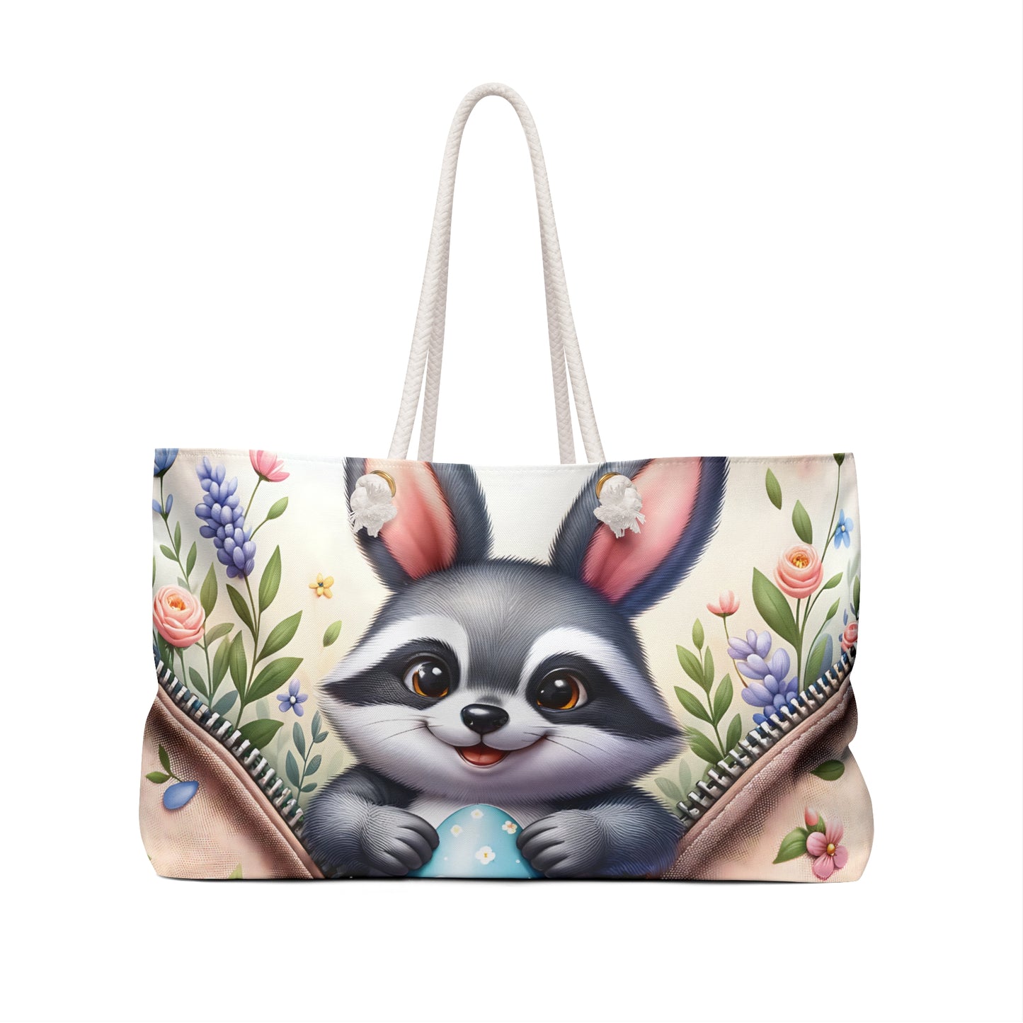 Personalised/Non-Personalised Weekender Bag, Easter, Cute Racoon, Large Weekender Bag, Beach Bag, Book Bag