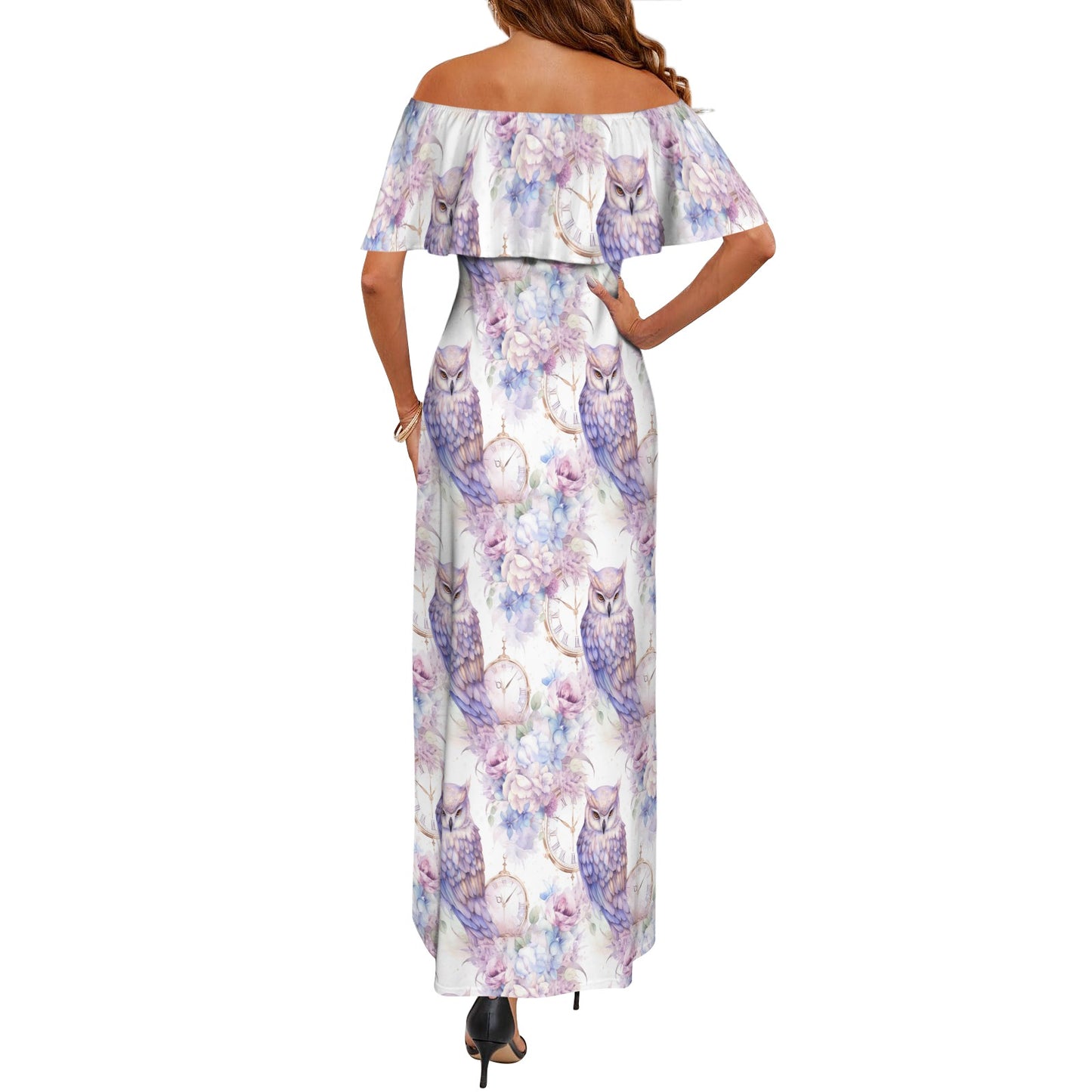 Pastel Owls Women's Off Shoulder Ruffle Boat Neck Dress (Model D71)
