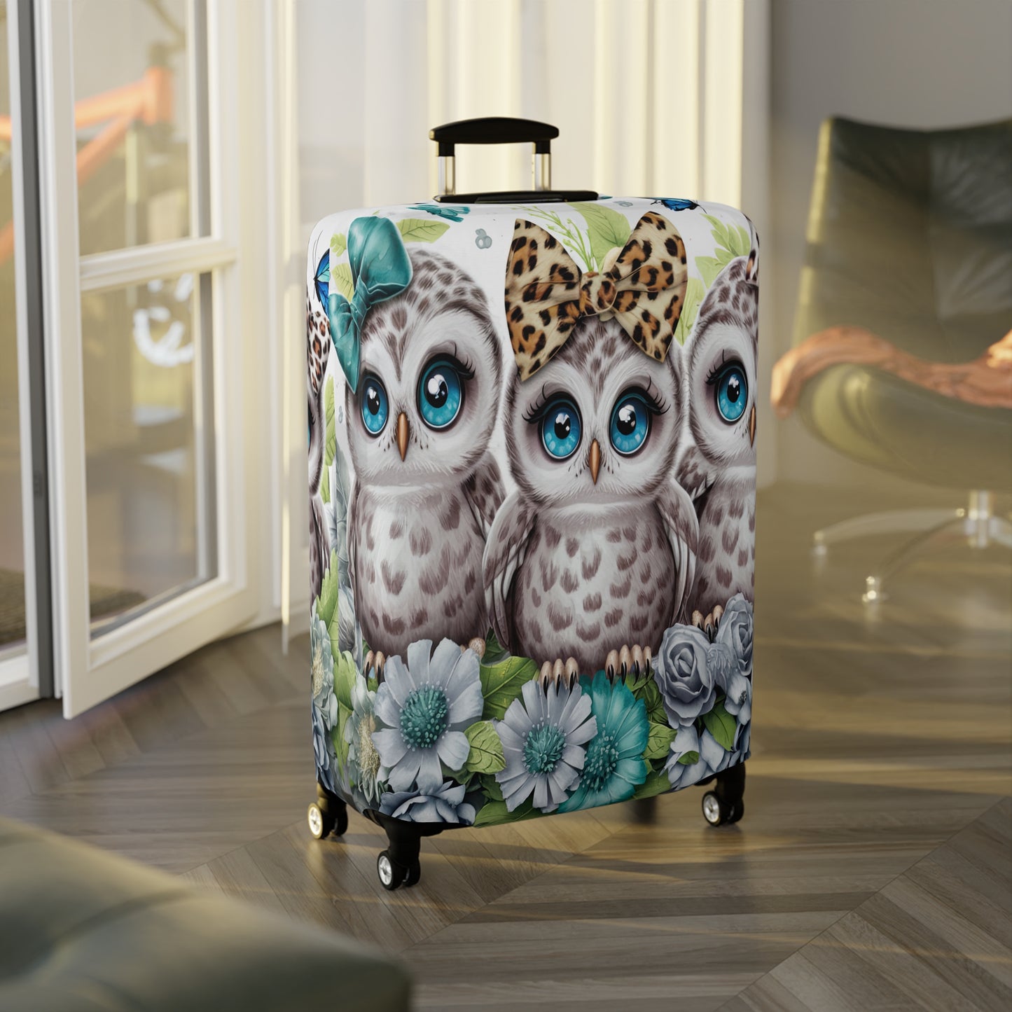 Luggage Cover, Blue Floral Owls, awd-1469