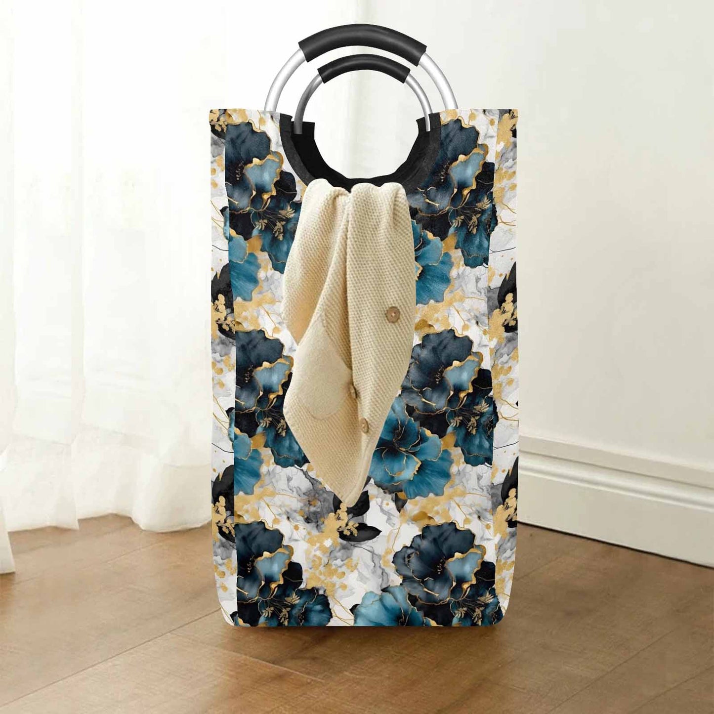 Blue & Gold Ink Floral  Square Laundry Basket