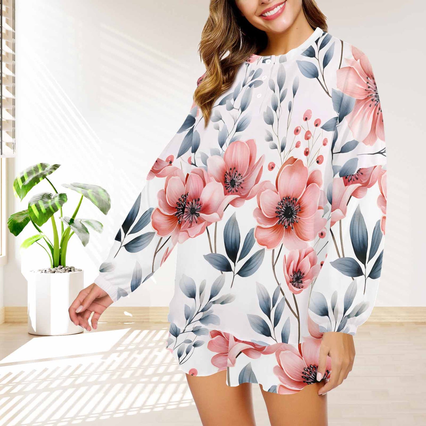 Apricot and Grey Floral  Women's Long Sleeve Pajama Set with Shorts