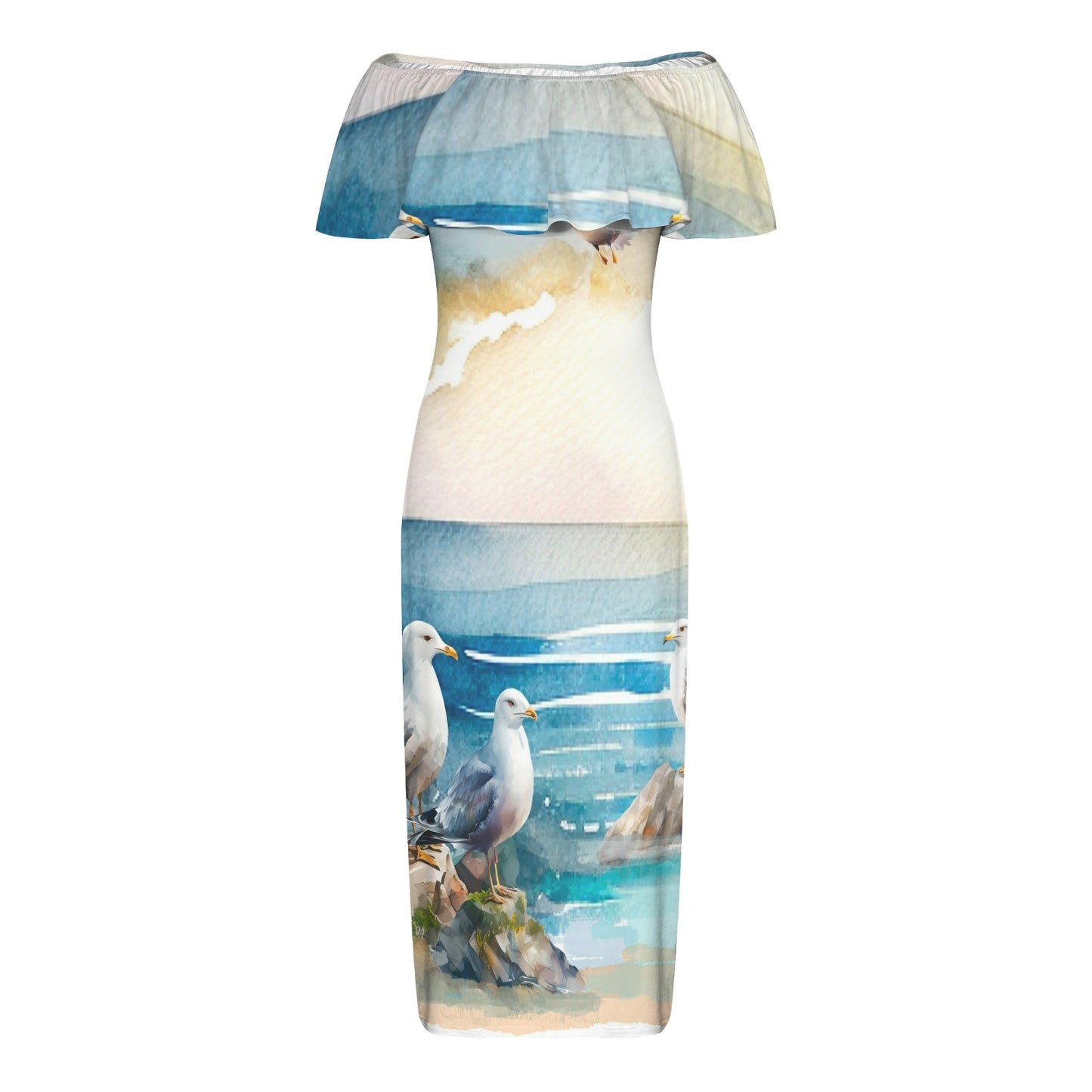 Seascape Women's Off Shoulder Ruffle Boat Neck Dress (Model D71)