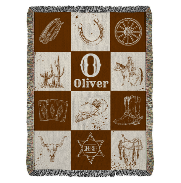 Western Woven Blanket, Cowboy Theme Throw, Personalized Cotton Blanket Gift, Rustic Home Decor, Custom Heirloom Tapestry, Western Art Decor
