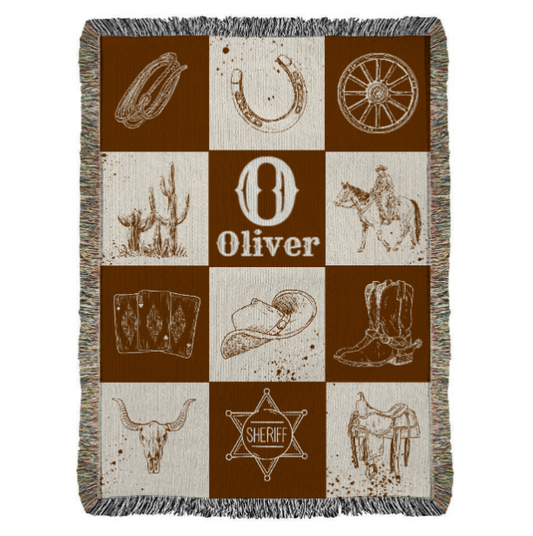 Western Woven Blanket, Cowboy Theme Throw, Personalized Cotton Blanket Gift, Rustic Home Decor, Custom Heirloom Tapestry, Western Art Decor
