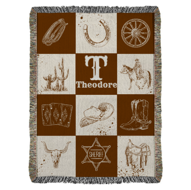 Western Woven Blanket, Cowboy Theme Throw, Personalized Cotton Blanket Gift, Rustic Home Decor, Custom Heirloom Tapestry, Western Art Decor