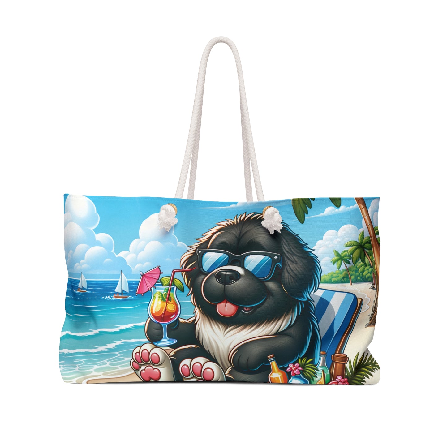 Personalised/Non-Personalised Weekender Bag, Summer Beach Dog, Newfoundland, Large Weekender Bag, Beach Bag, Book Bag