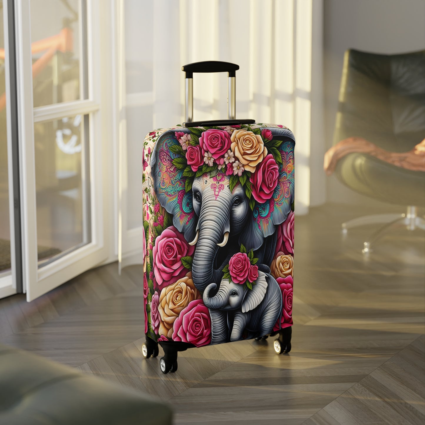 Luggage Cover, Floral Elephant and Baby, awd-1425