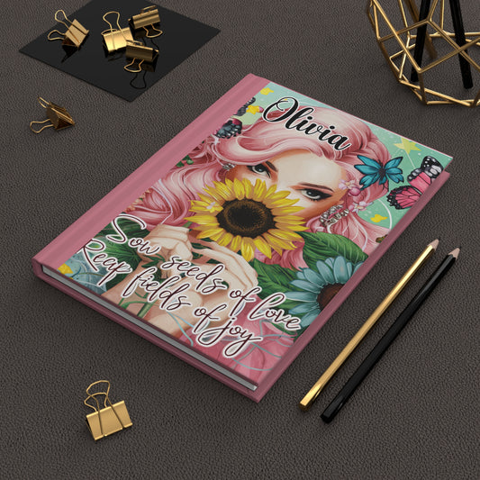 Personalised Hardcover Journal Matte, Girl and Sunflowers, Sow seeds of Love, awd-1715