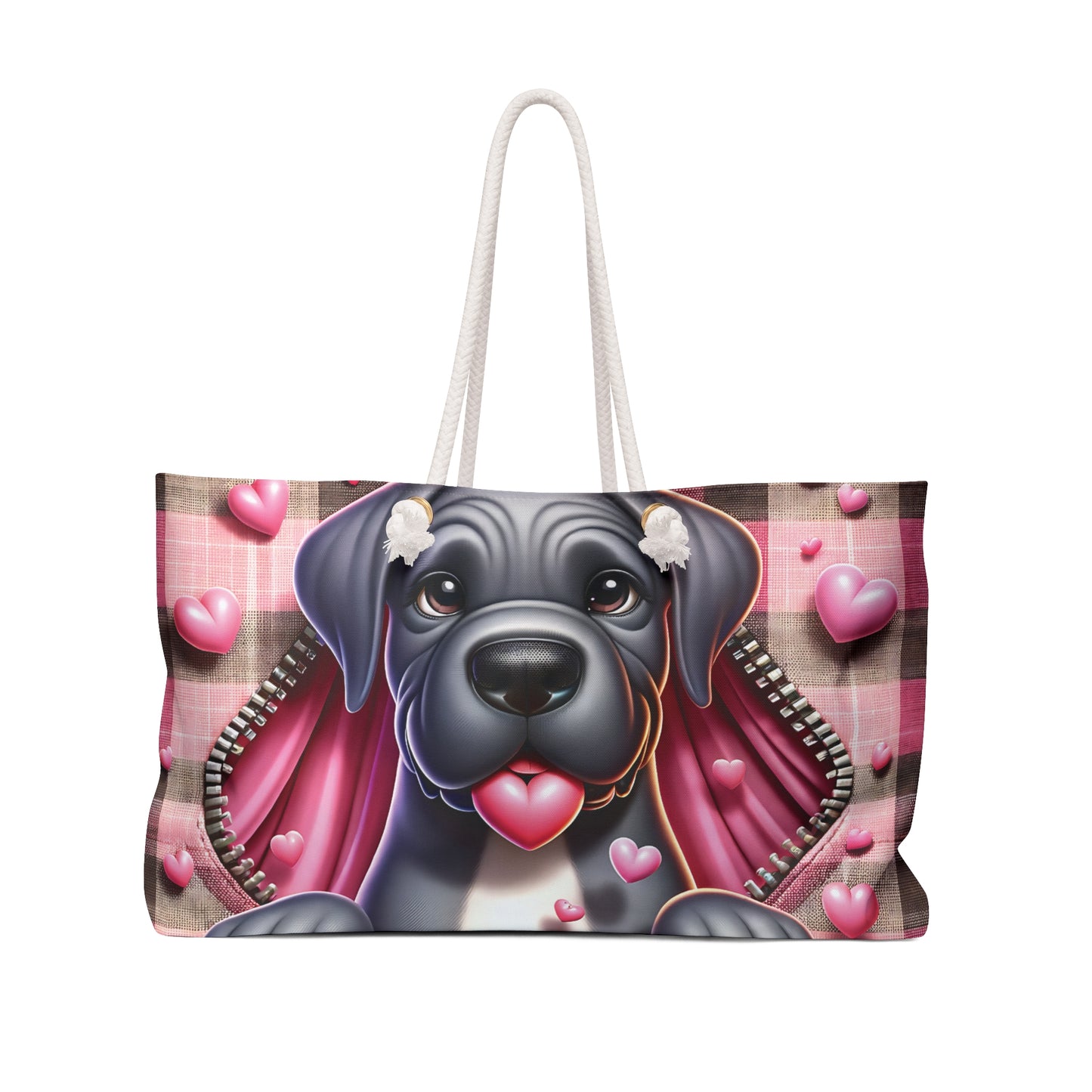 Personalised/Non-Personalised Weekender Bag, Cute Dog, Zipper, Valentines Day, Large Weekender Bag, Beach Bag, Book Bag