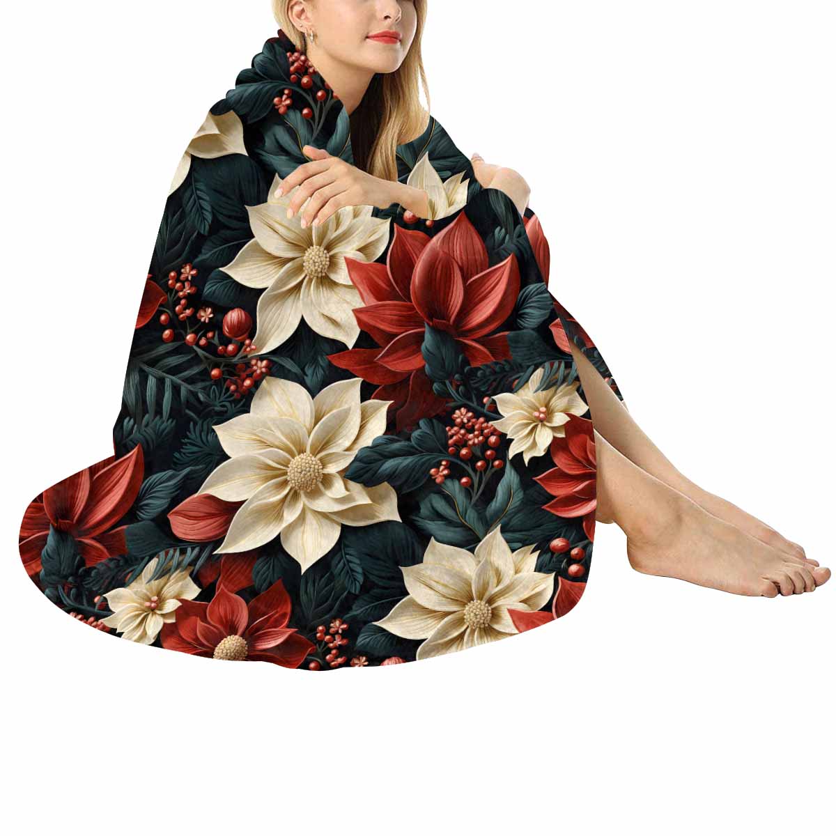 Red Poinsettia  Circular Micro Fleece Blanket 60"