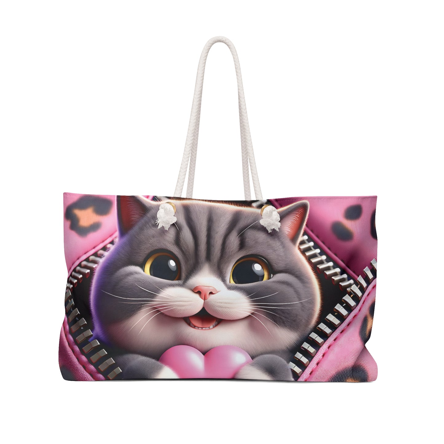 Personalised/Non-Personalised Weekender Bag, Cute Cat, Zipper, Valentines Day, Large Weekender Bag, Beach Bag, Book Bag