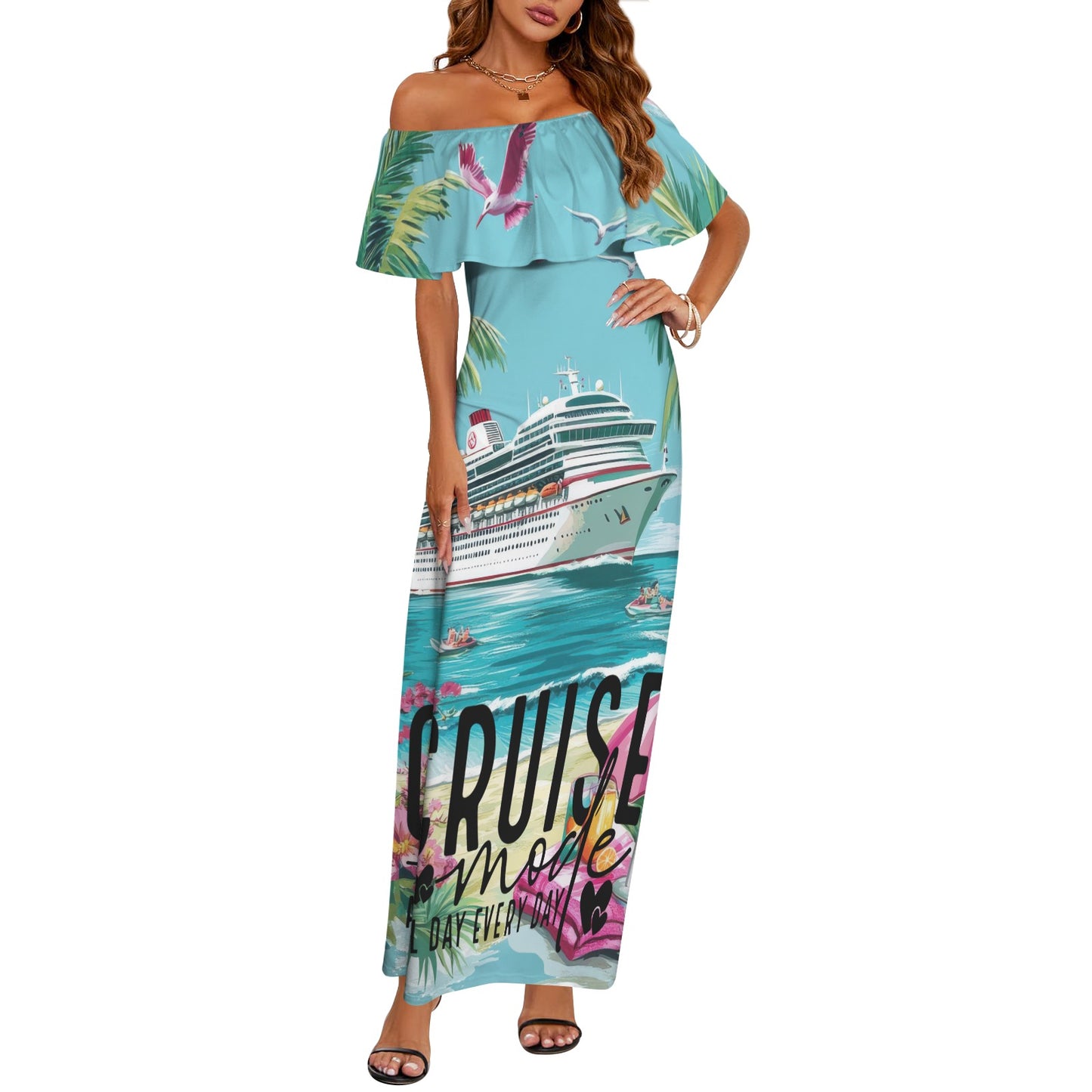 Cruise Mode Women's Off Shoulder Ruffle Boat Neck Dress (Model D71)