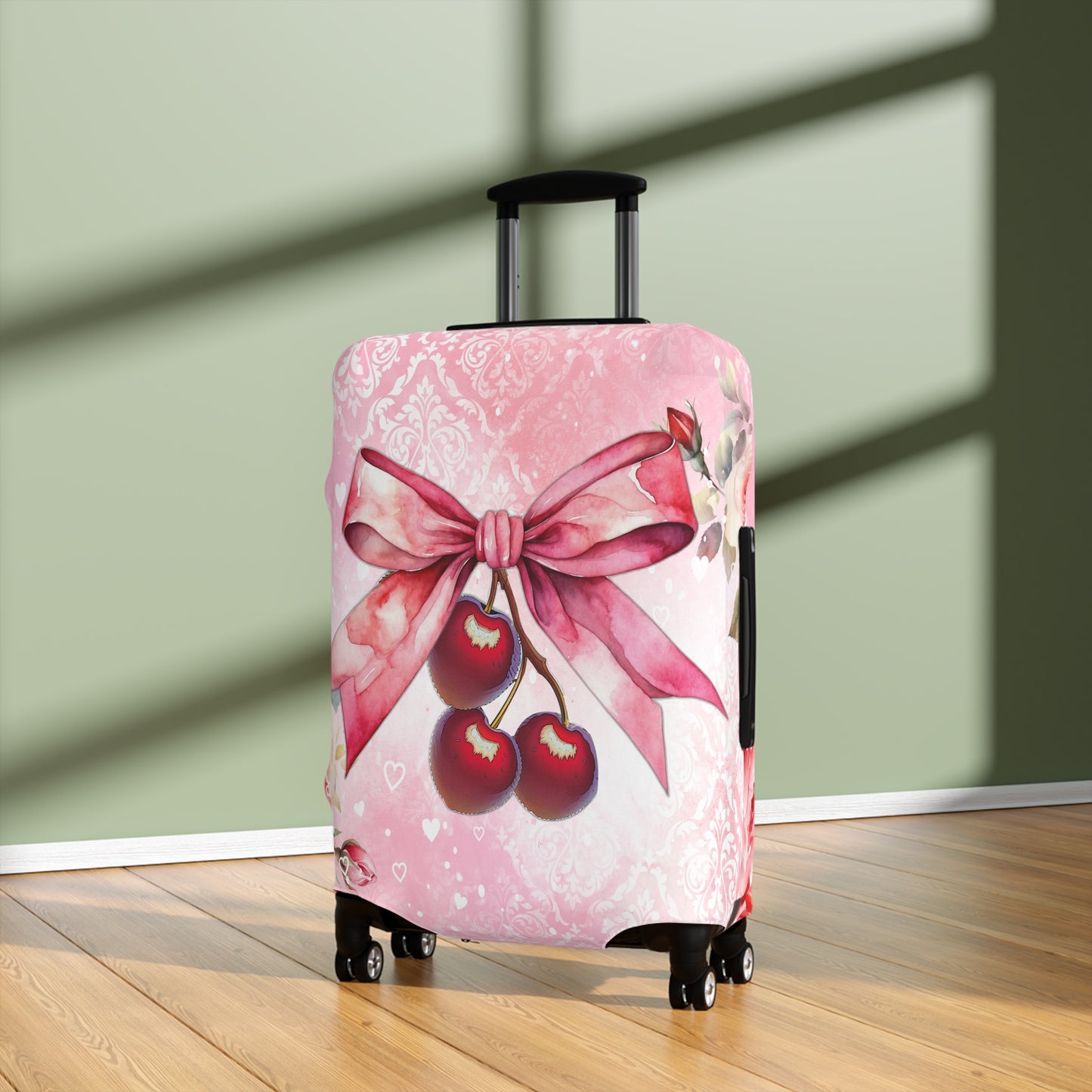 Luggage Cover, Rockabilly, Coquette, Pink Watercolour, Roses, Cherries and Ribbon, awd-2520