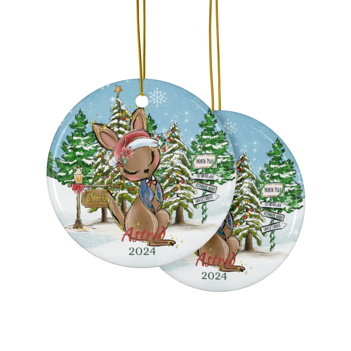 Personalized Christmas Ornament, Custom Kangaroo Ornament, Ceramic Holiday Keepsake, Cute Animal Decoration, Winter Wonderland Decor