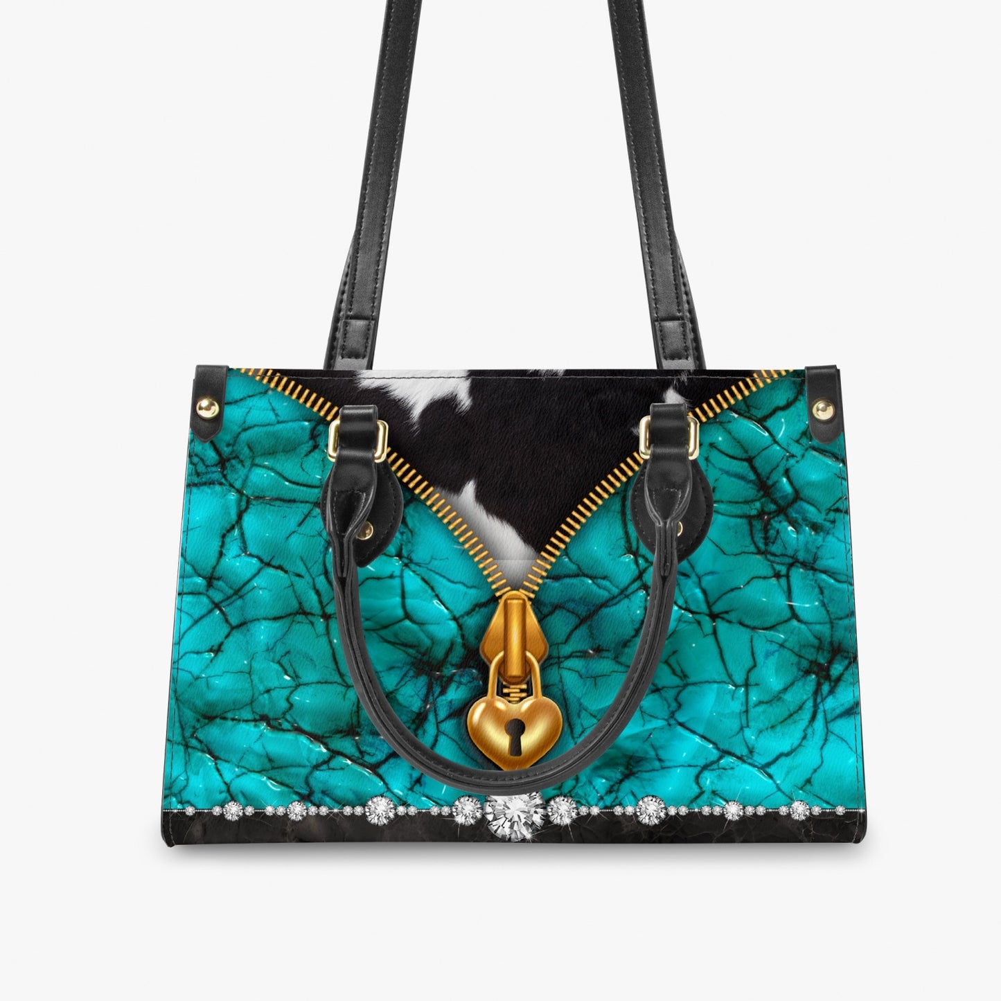 Women's Tote Bag - Long Strap - Turquoise, Zipper Cow Hide Look