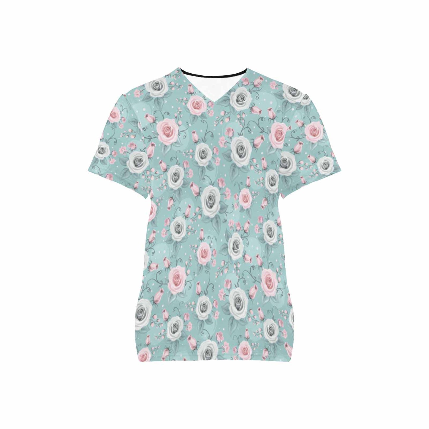 Green Pastel Roses  Women's V Neck Scrub Top Nurse Uniform with Deep Front Pockets