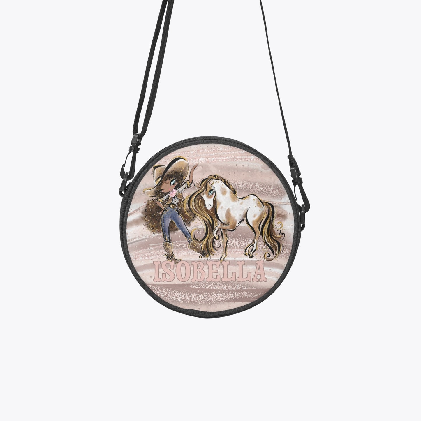 Round Satchel Bag, Howdy, Cowgirl and Horse, Brunette Hair, Olive Skin, Blue Eyes, Personalised