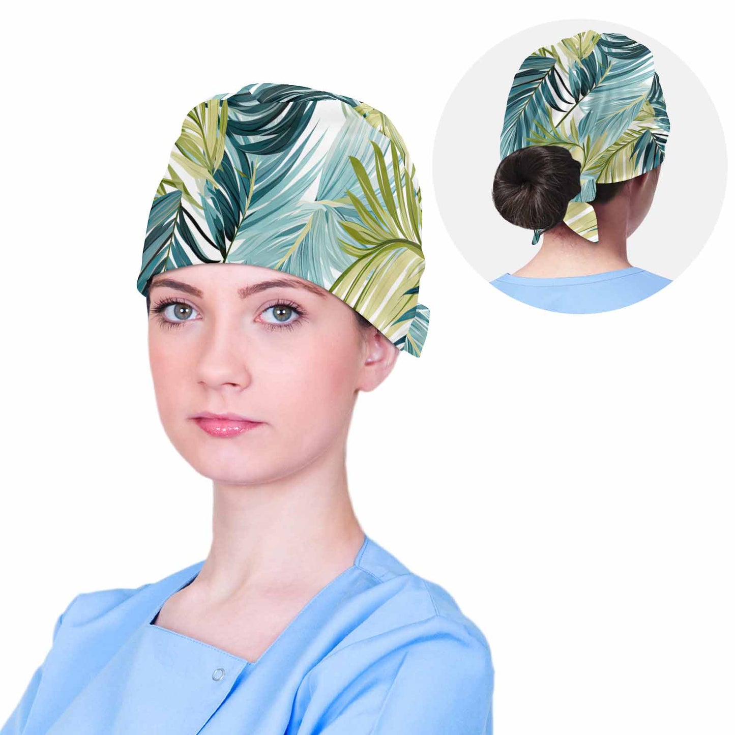 Tropical Palm Leaves Blue and Green  Scrub Cap