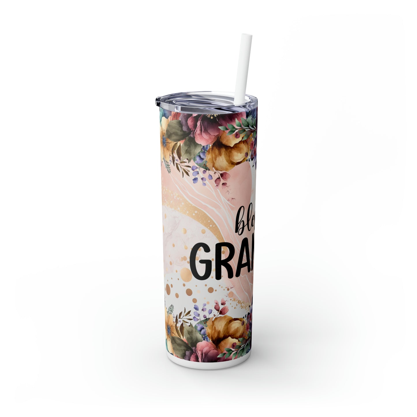 Skinny Tumbler with Straw, 20oz, Floral, Quote, Blessed Grandma, awd-728