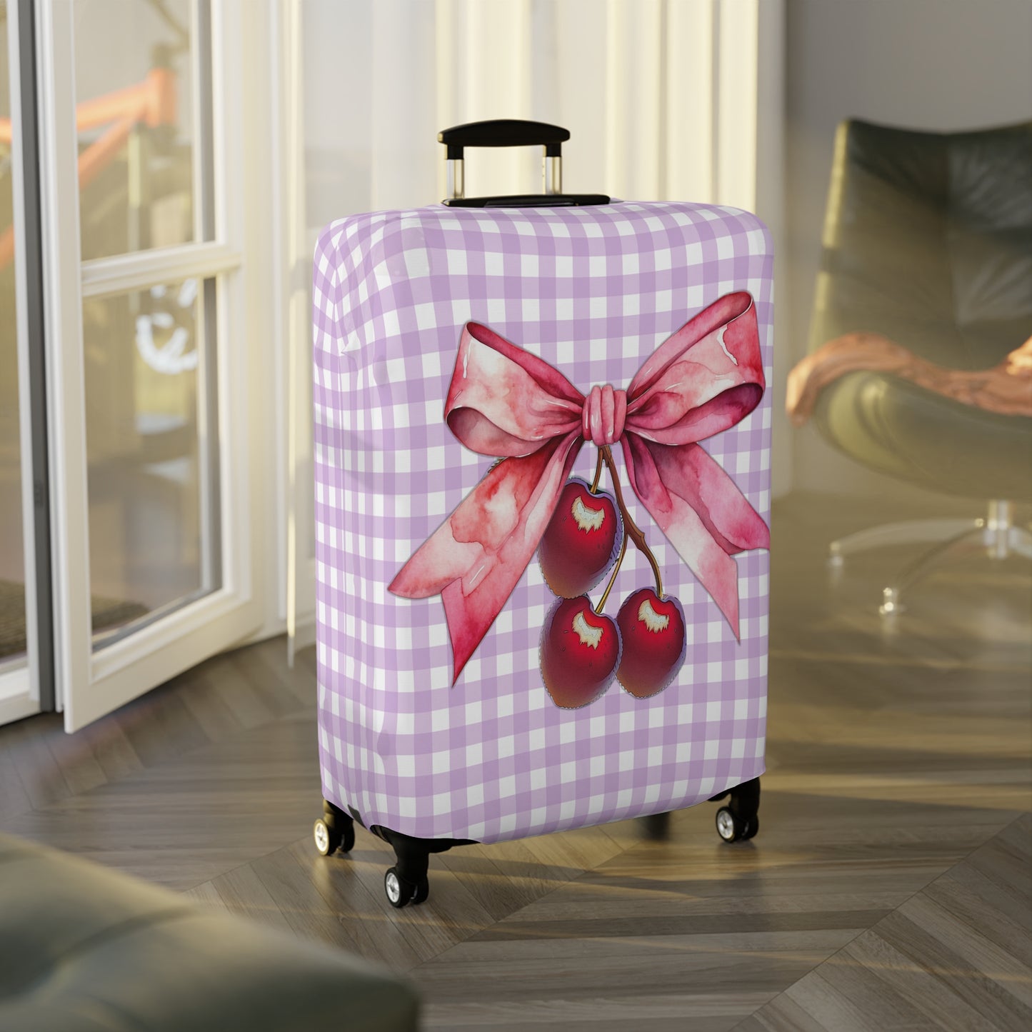 Luggage Cover, Rockabilly, Coquette, Pastel Dark Purple Gingham, Cherries and Ribbon, awd-2515