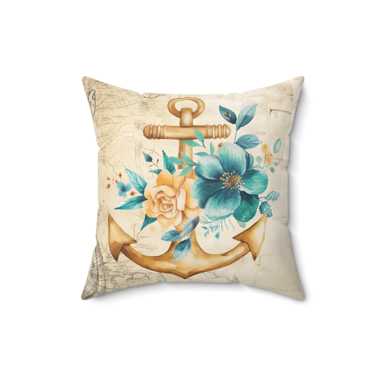 Nautical Polyester Square Cushion, Nautical cushion, Floral Anchor