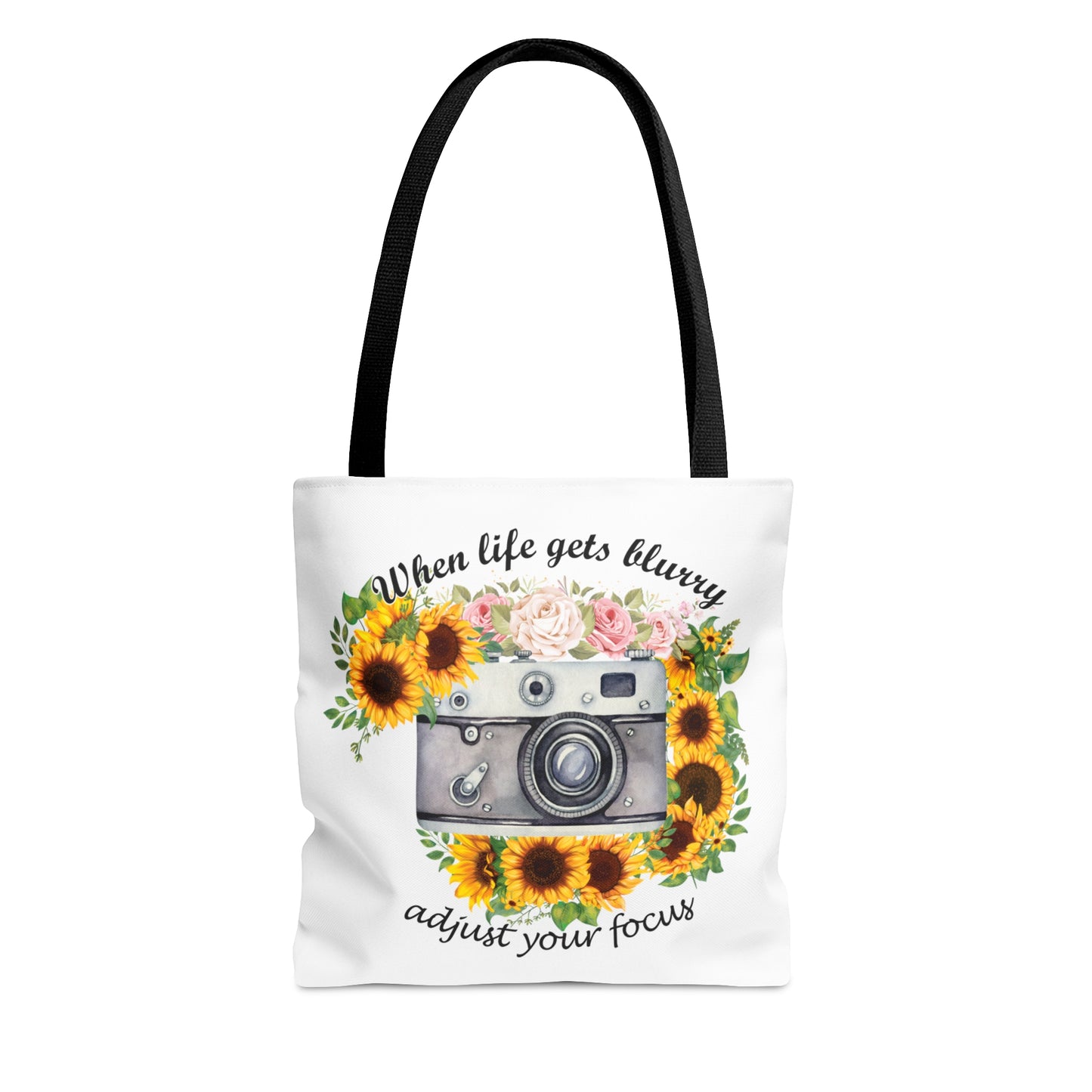 Personalised/Non-Personalised Tote Bag, Sunflower, Camera, When Life gets Blurry adjust your Focus, Tote bag