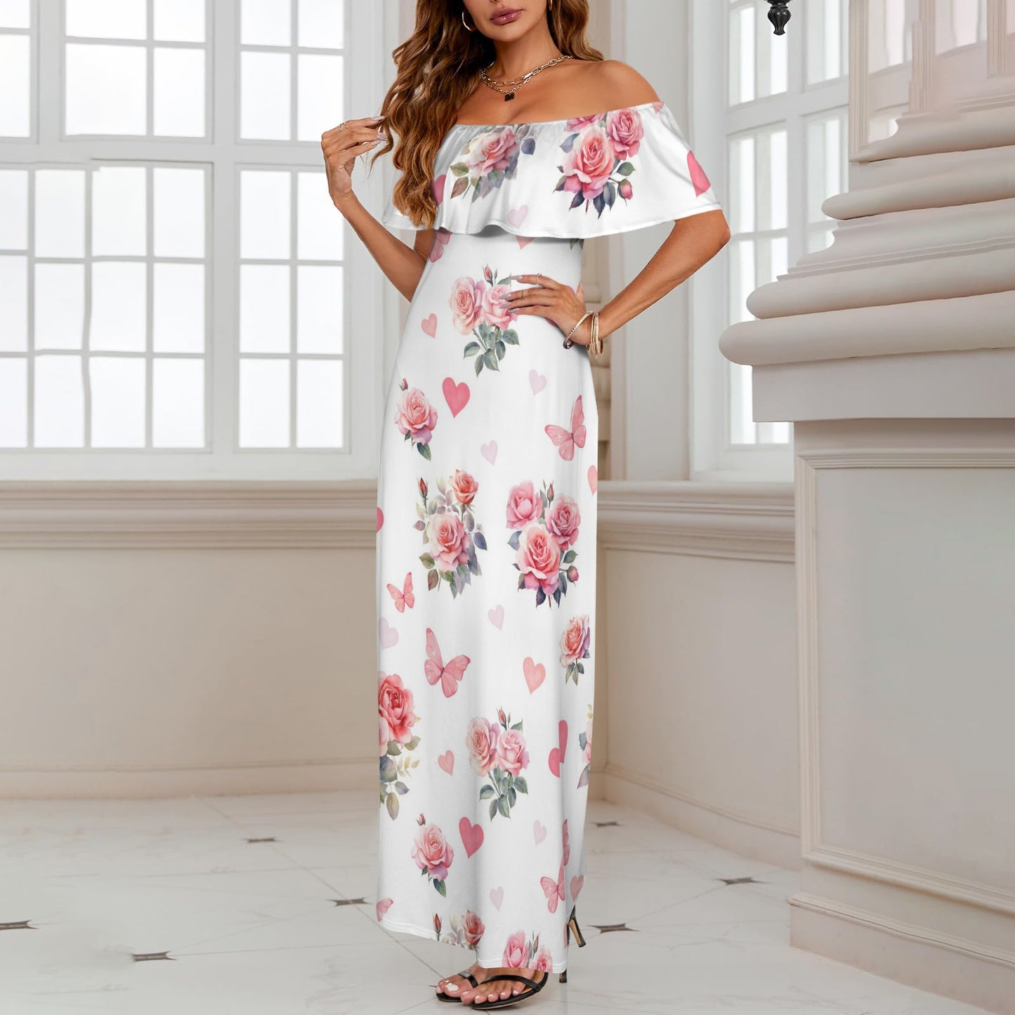 roses Women's Off Shoulder Ruffle Boat Neck Dress (Model D71)