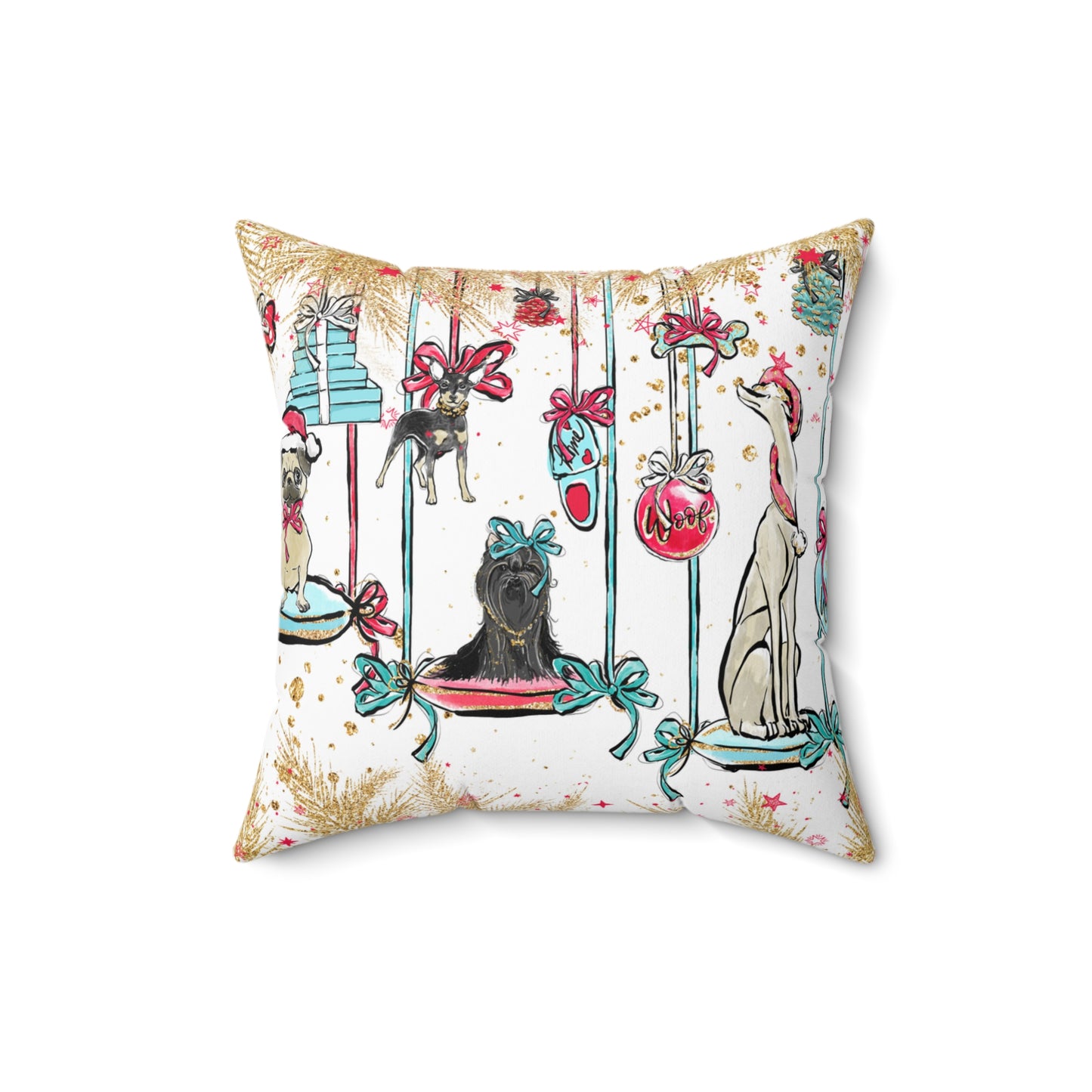 Spun Polyester Square Pillow, Doggie Ornaments Christmas Cushion