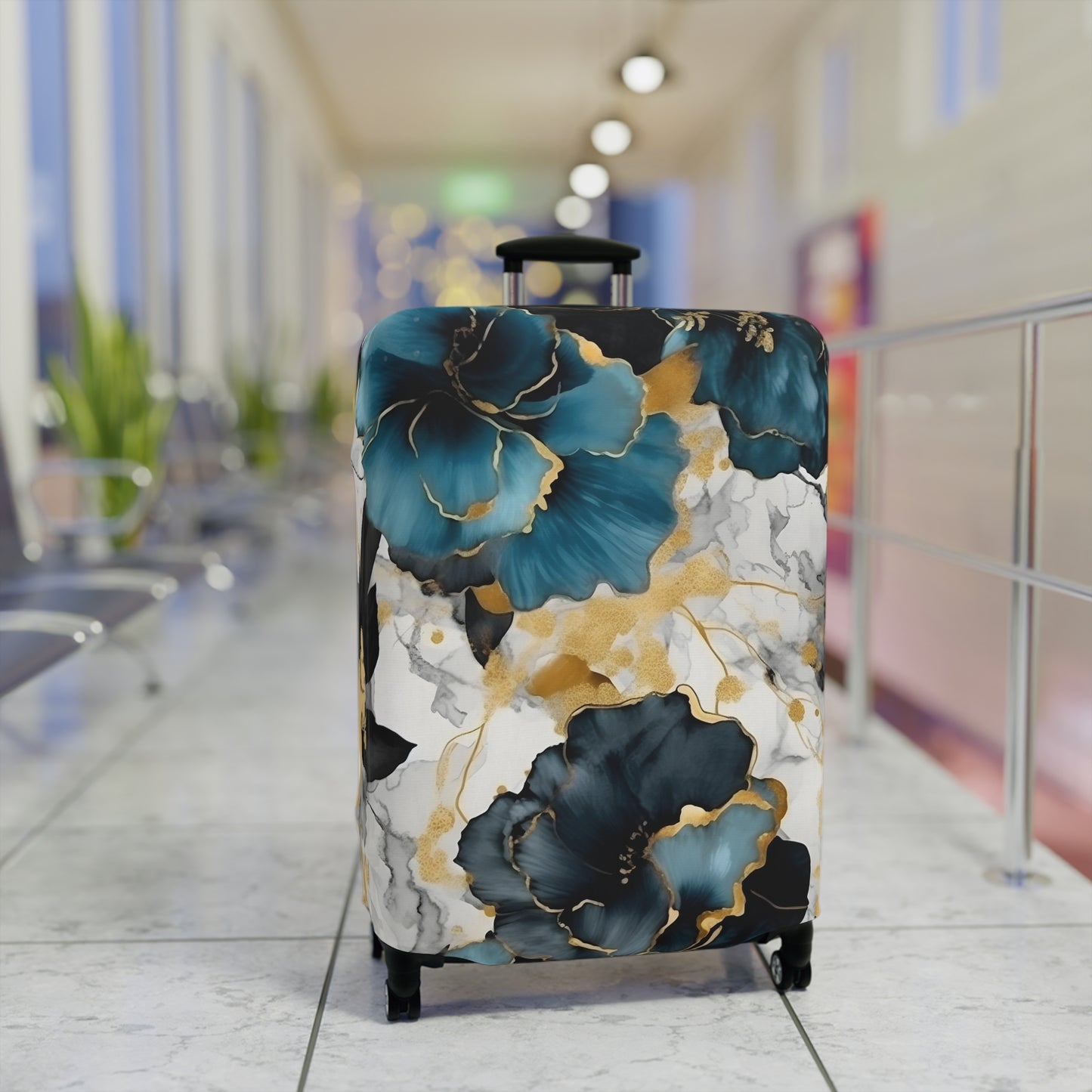 Luggage Cover, Alcohol Ink Black, Blue and Gold Floral