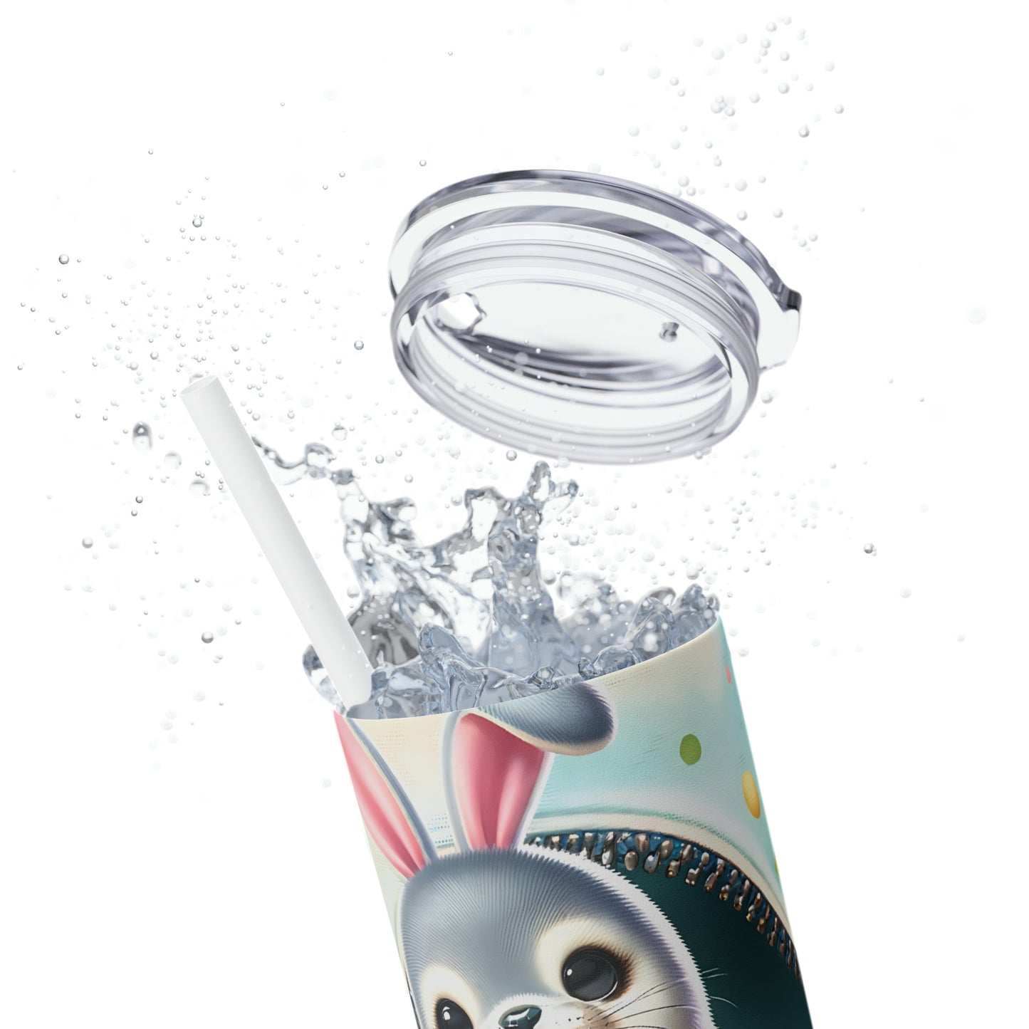 Skinny Tumbler with Straw, 20oz, Easter, Baby Seal with bunny ears, awd-1272