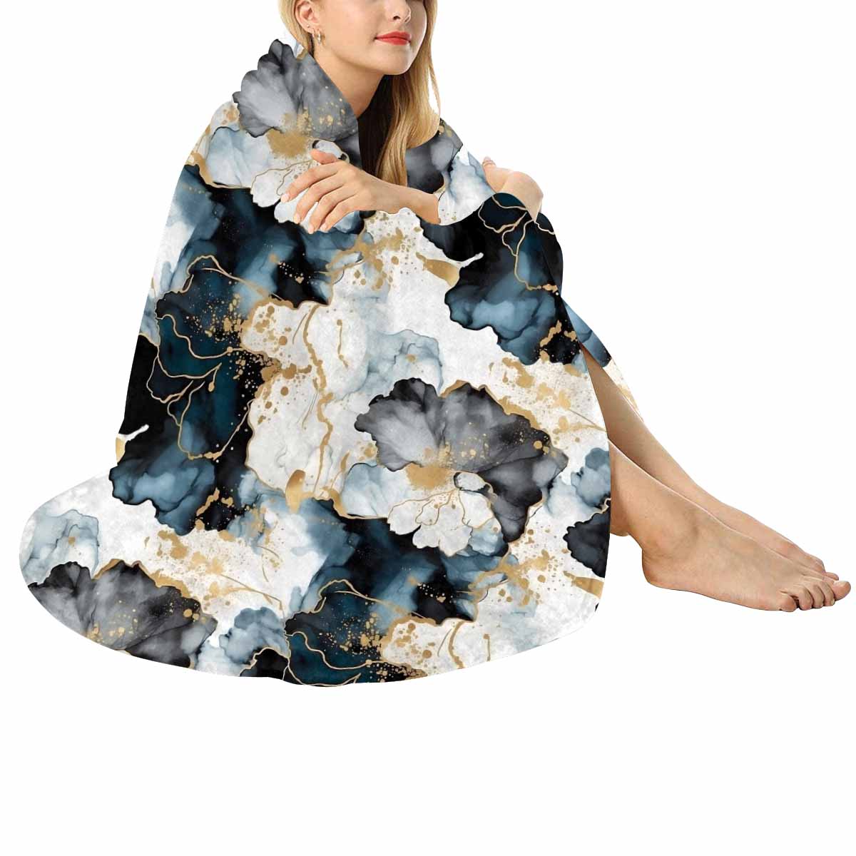 Black Ink Floral  Circular Micro Fleece Blanket 60"