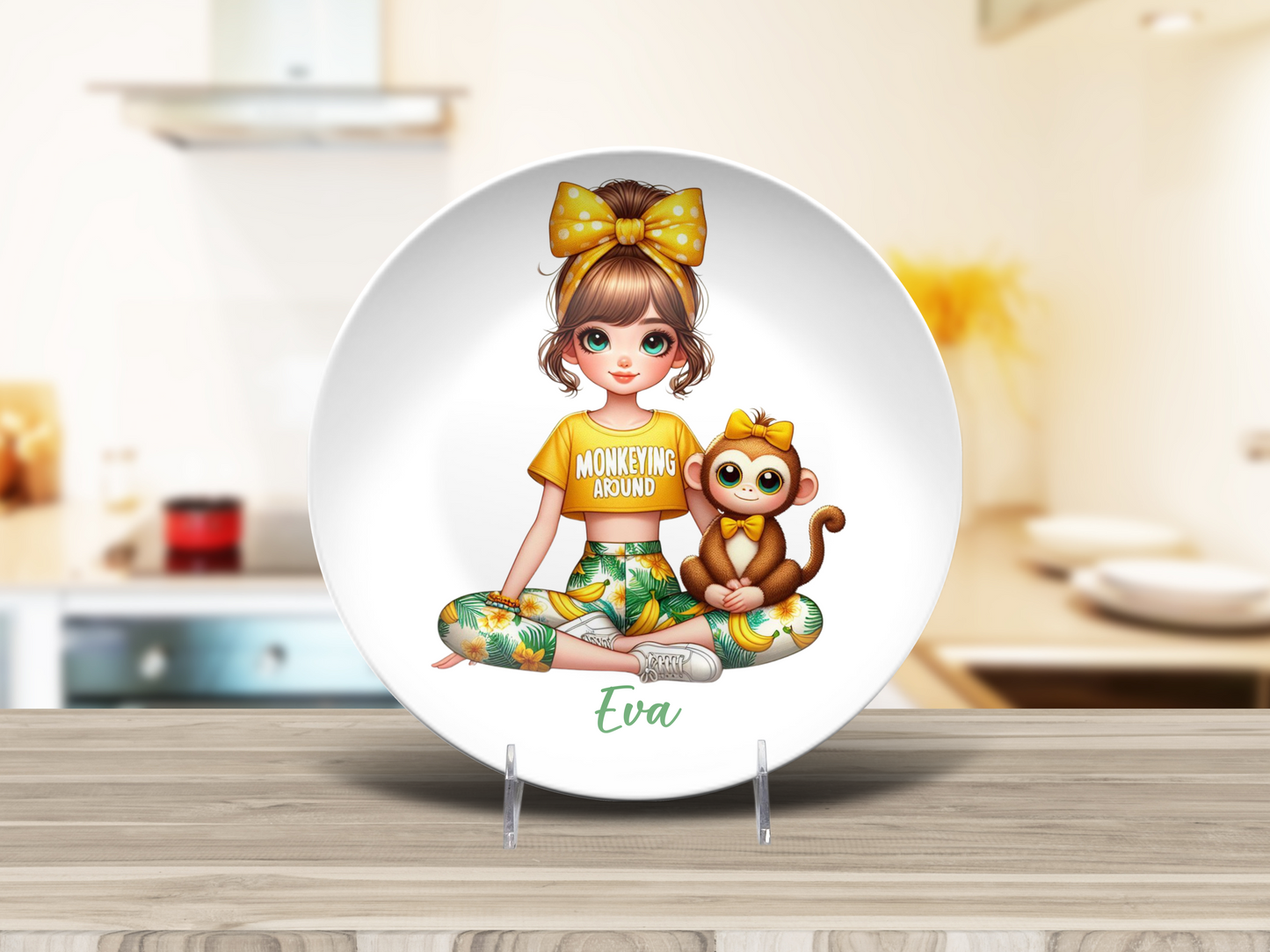 Personalised Girl with Bunny, Cow, Monkey, Penguin, Puppy, Racoon, Swan, Teddy Bear, Zebra Plates