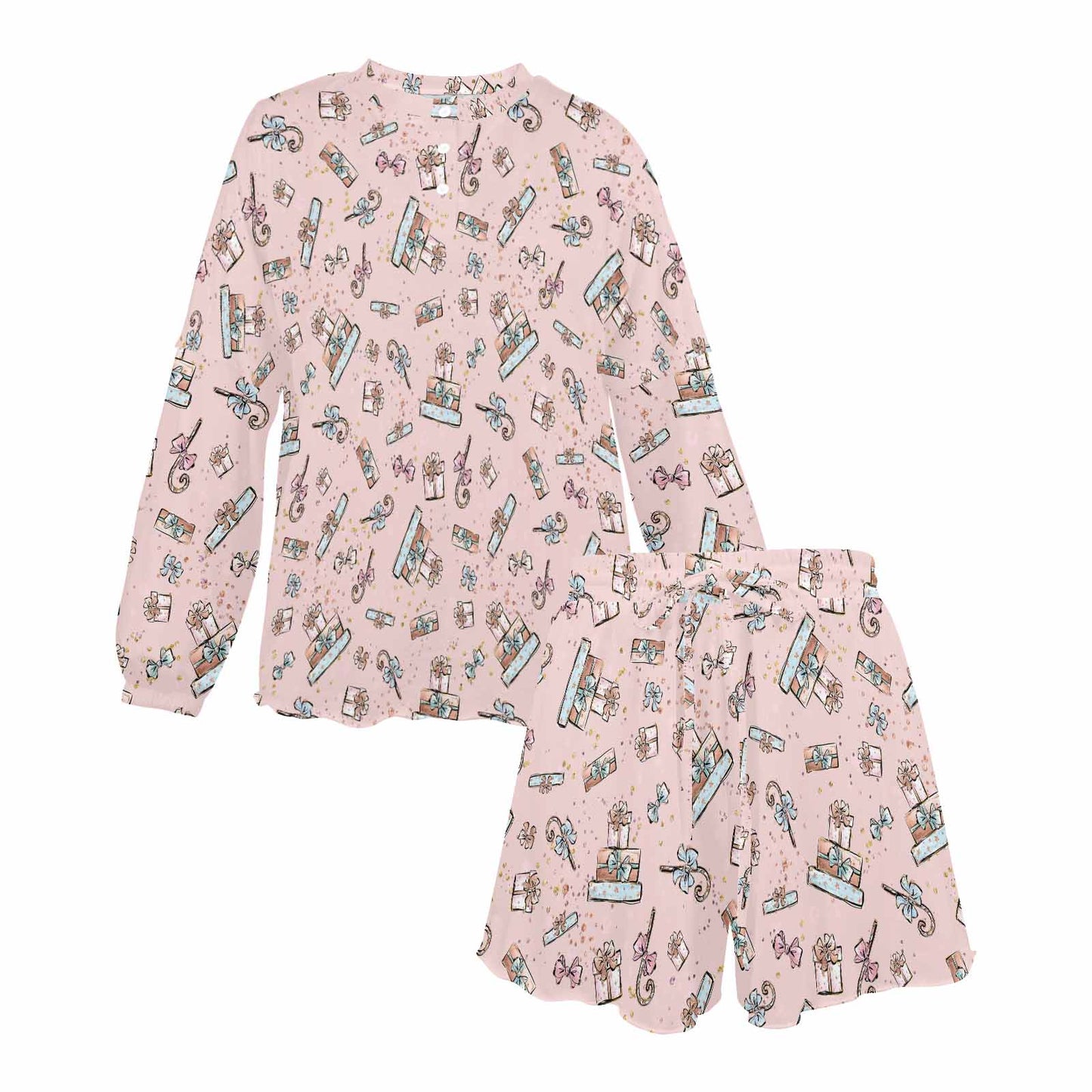 Pink Christmas Presents  Women's Long Sleeve Pajama Set with Shorts