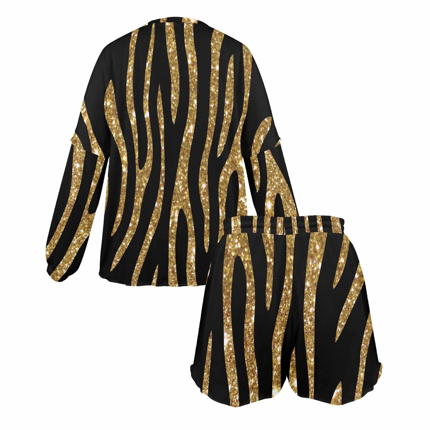 Black and Gold Glitter Leopard Print  Women's Long Sleeve Pajama Set with Shorts