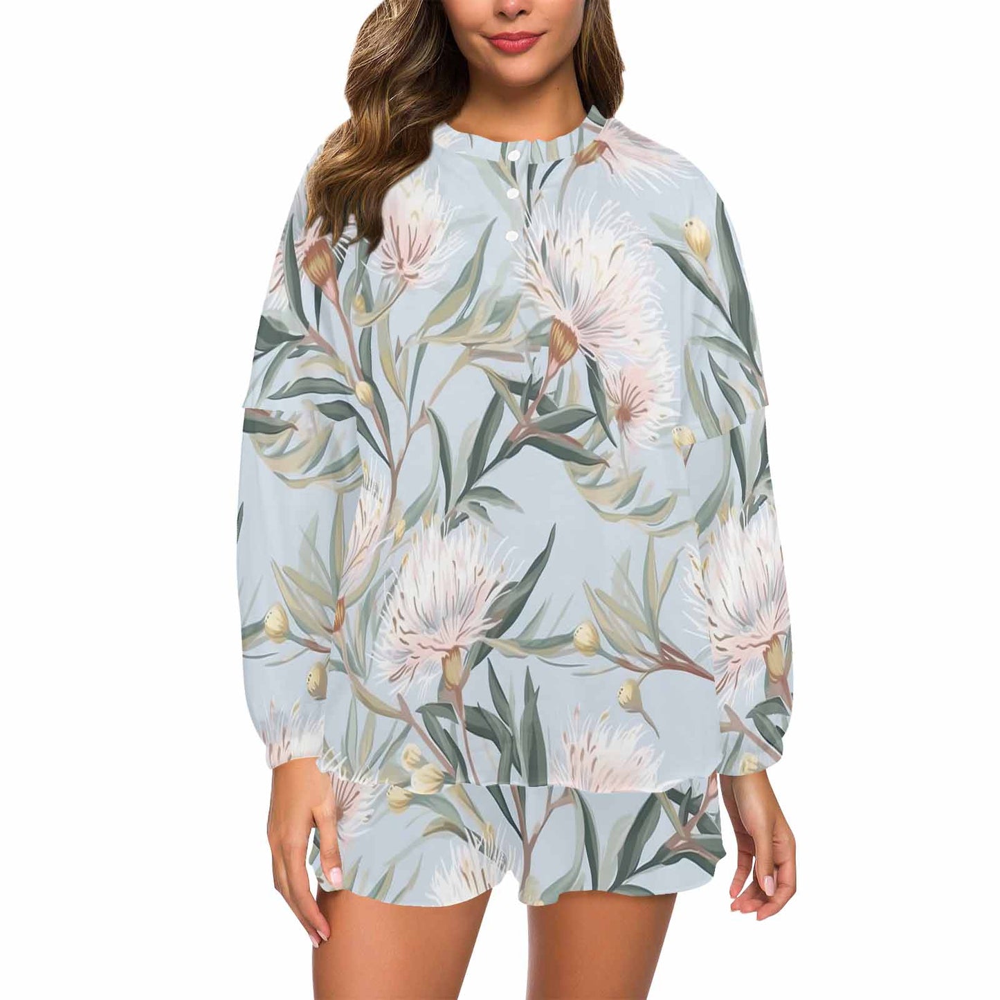 Australian Floral Blue  Women's Long Sleeve Pajama Set with Shorts