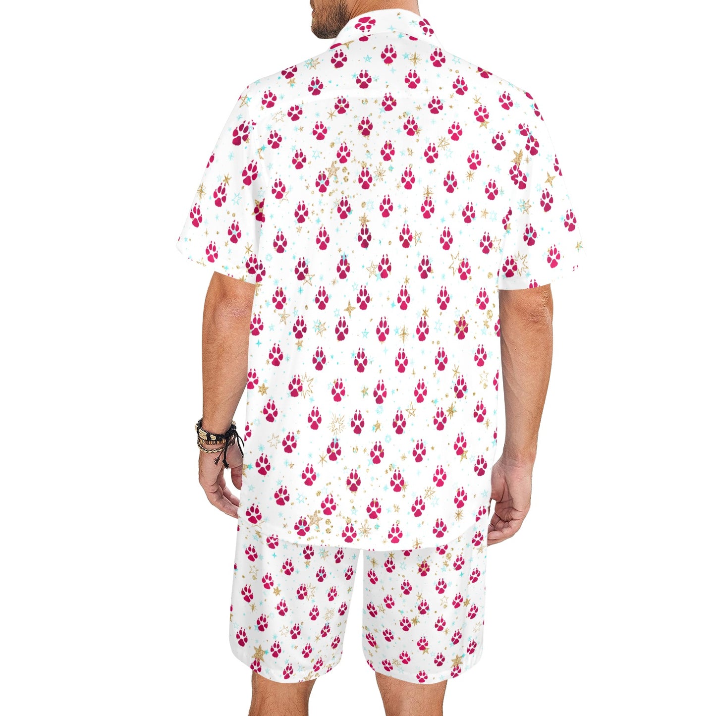 Men's Shirt & Shorts Set Dog Paws Red Men's Shirt and Shorts Outfit (Set26)