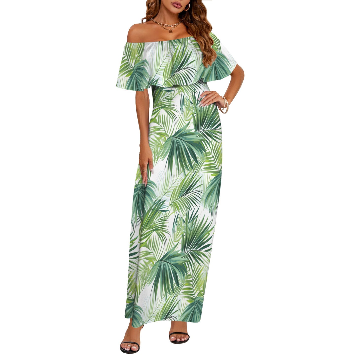 Green Palm Leaves Women's Off Shoulder Ruffle Boat Neck Dress (Model D71)