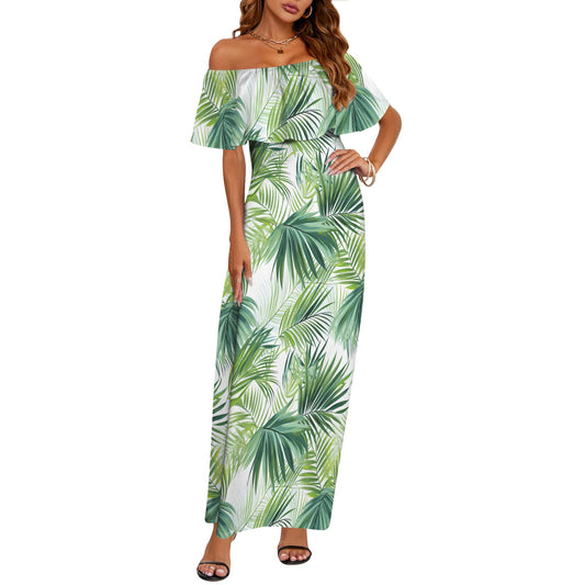 Green Palm Leaves Women's Off Shoulder Ruffle Boat Neck Dress (Model D71)