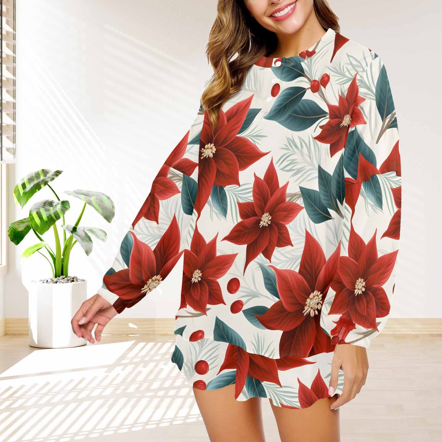 Christmas Red Poinsettia  Women's Long Sleeve Pajama Set with Shorts