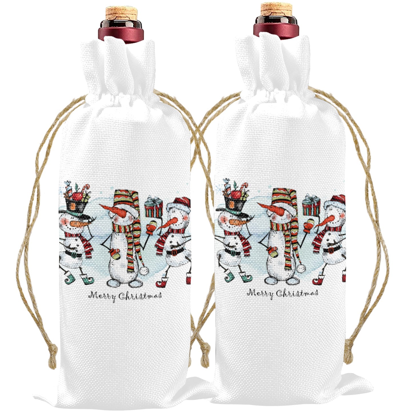 Merry Christmas Whimsical Snowmen Linen Wine Bottle Bag