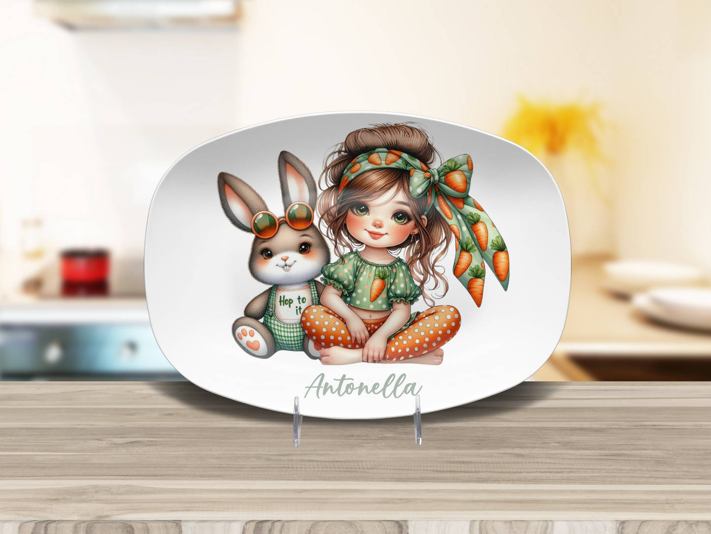 Personalised Girl with Bunny, Cow, Monkey, Penguin, Puppy, Racoon, Swan, Teddy Bear, Zebra Plates