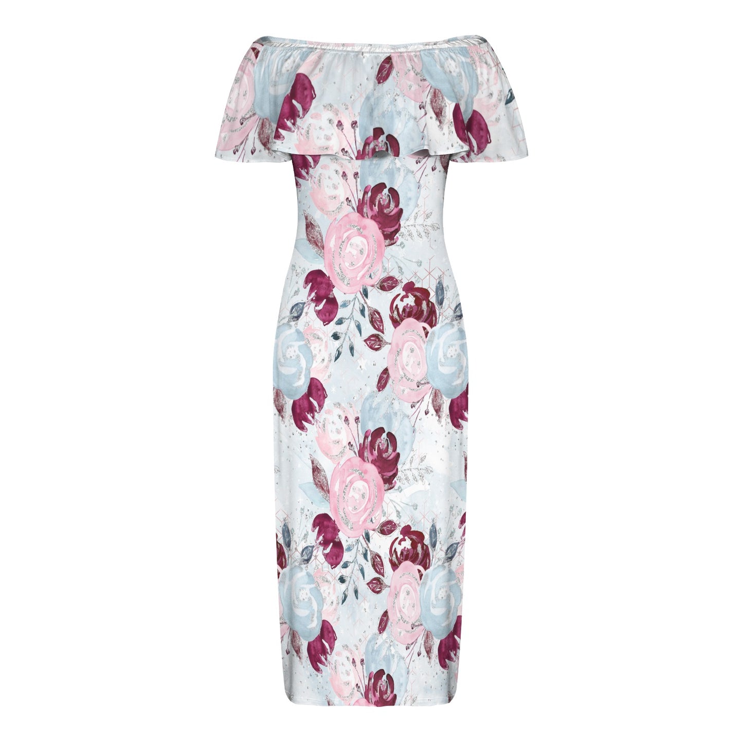 Roses Pink Blue Women's Off Shoulder Ruffle Boat Neck Dress (Model D71)