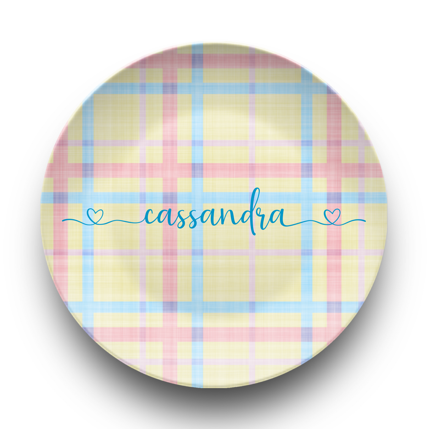 Pastel Plaid Lemon Pink and Blue Personalised Plate