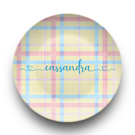 Pastel Plaid Lemon Pink and Blue Personalised Plate