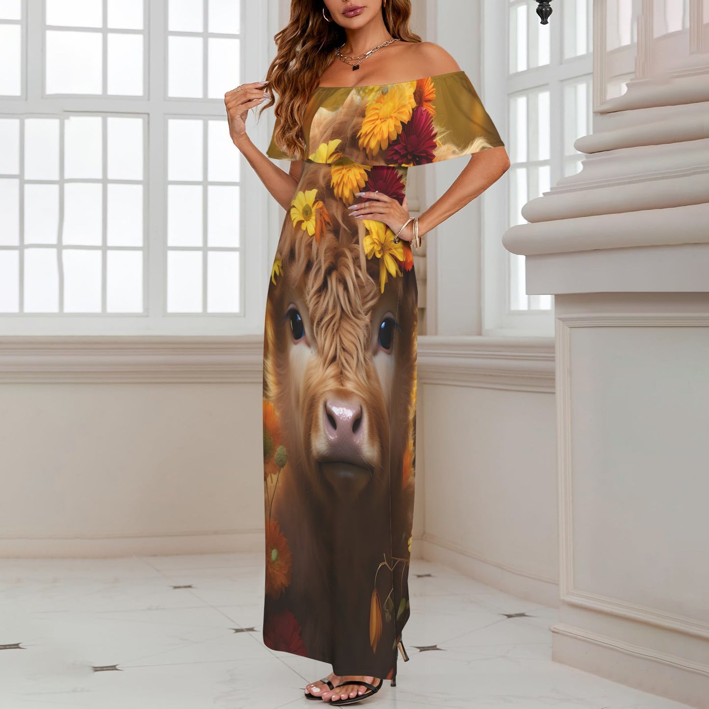 Highland Cow awd48 Women's Off Shoulder Ruffle Boat Neck Dress (Model D71)