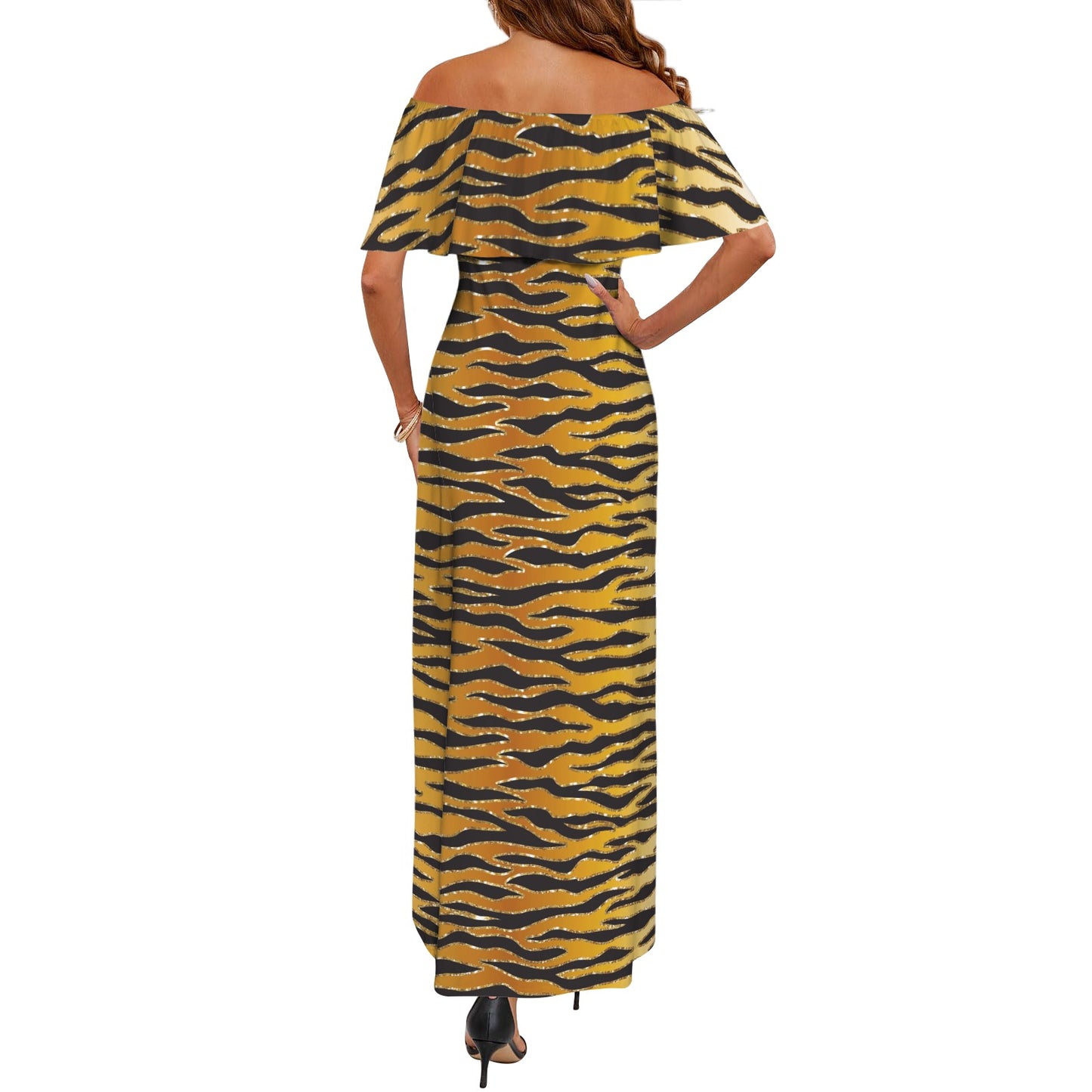 Glitter Look Gold Animal Print Women's Off Shoulder Ruffle Boat Neck Dress (Model D71)