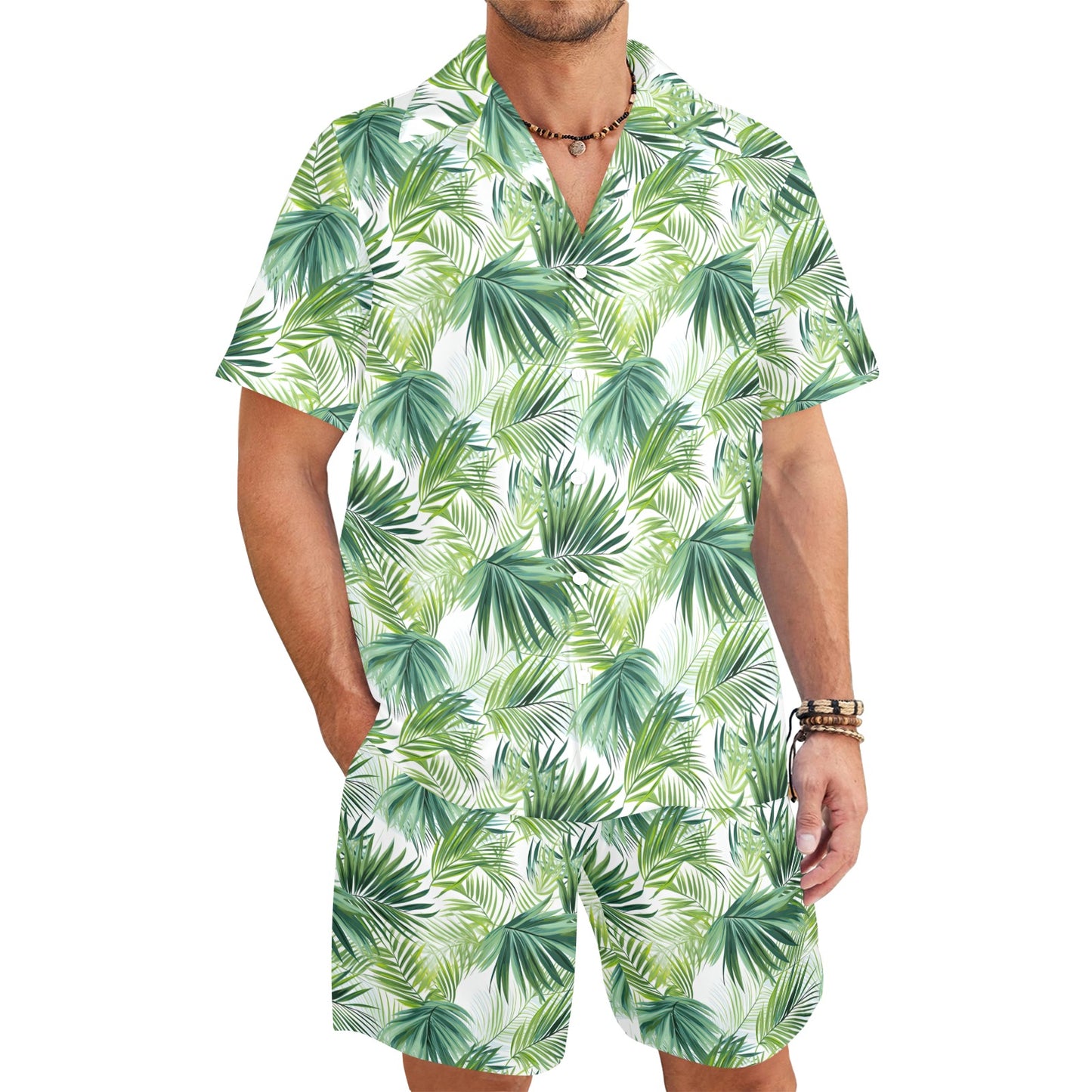 Men's Shirt & Shorts Set Palm Leaves Green Men's Shirt and Shorts Outfit (Set26)